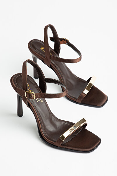 RİSSOLİ Women's Brown Satin Blunt Toe Sandals Metal Buckle Detailed Stiletto ...