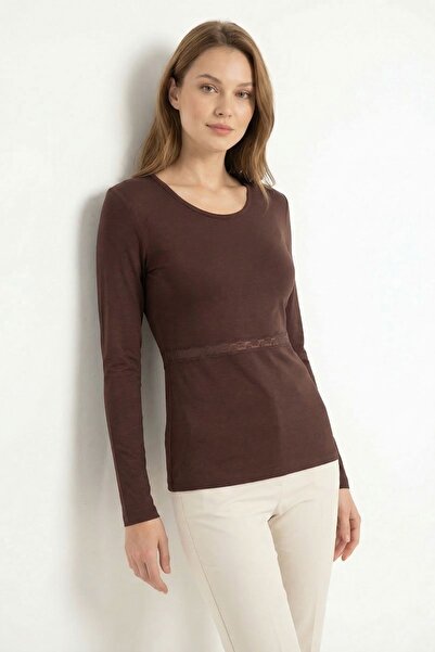 Rays Bluză maro cu mânecă lungă Omuz dantelă 14371