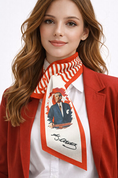 Sibel Günay Butik Women's Atatürk Printed Red-White Scarf – Stylish and Meani...