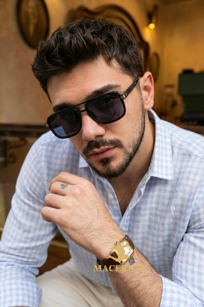 MACERATİ Vesa Unisex Square Black Sunglasses with Silver Accessories and Ultr...