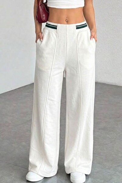 Mood Lab Λευκό παντελόνι φόρμας με λεπτομέρεια καμιζόλ στη μέση, χαλαρή εφαρμ...