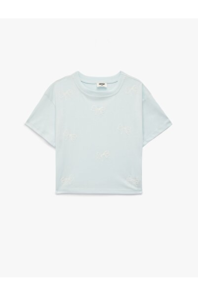 Koton Βαμβακερό μπλουζάκι με κοντό μανίκι και λαιμόκοψη με λεπτομέρεια από κο...