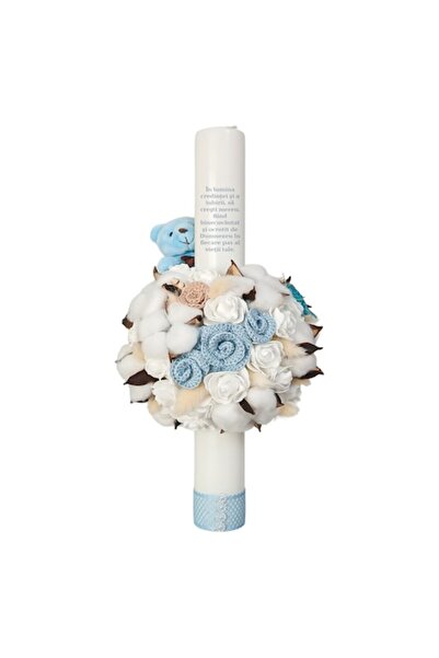 FABRICA DE LUMANARI GHIOROC Baptism Candle with White and Celestial Blue Roses