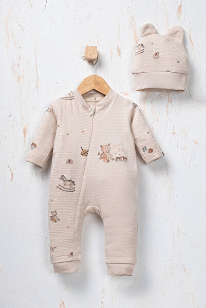 Rocha Baby Rocha Bebek Racer Bear Baskılı Fermuarlı Tulum ve Şapka Seti - Pam...