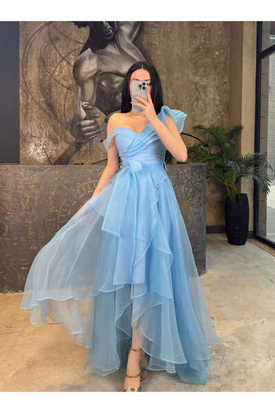 missswans Chanel Tek Kol Önü Kısa Kuyruklu Kemerli Şifon Elbise Bebe Mavi