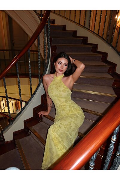 ESRAHELVACI Boyun Bağlamalı Jakarlı Tül Elbise