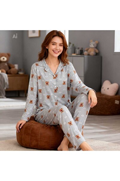 NiCe İç Giyim Gray Color Coffee Teddy Bear & Heart Pattern Shirt Collar Milan...