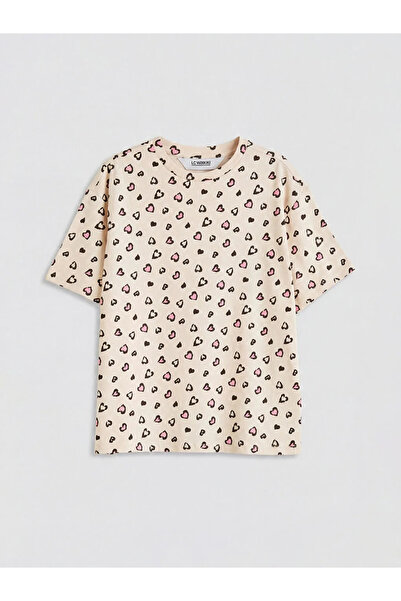 LC Waikiki Lcw Kids Beige Crew Neck Heart Patterned Girl's T-Shirt