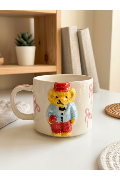 PALTO TASARIM Blue Teddy Bear Mug 3D Embossed Handmade Cream Glossy Mug - Han...