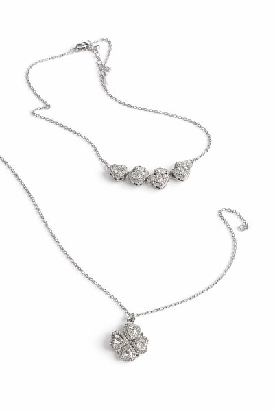 mirvia Stainless Steel Multiple Heart Pendant with Zircon Stone Women's Necklace Silver Color Minimal Modern Stylish Jewelry