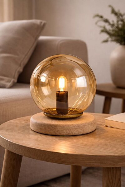 MARS CONCEPT Minimal Amber Küre Camlı Masa Ve Gece Lambası, Masif Ahşap Taban...