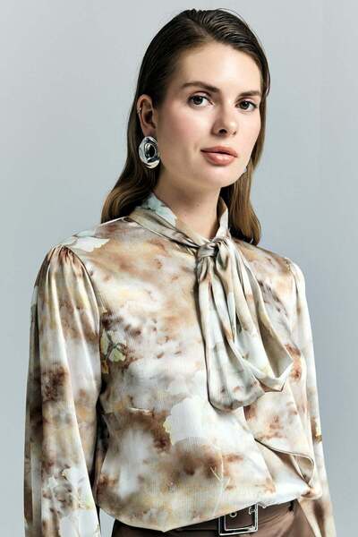 Sateen Patterned Scarf Shirt - Brown