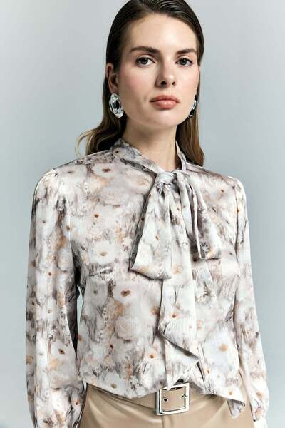 Sateen Floral Print Scarf Shirt - Beige