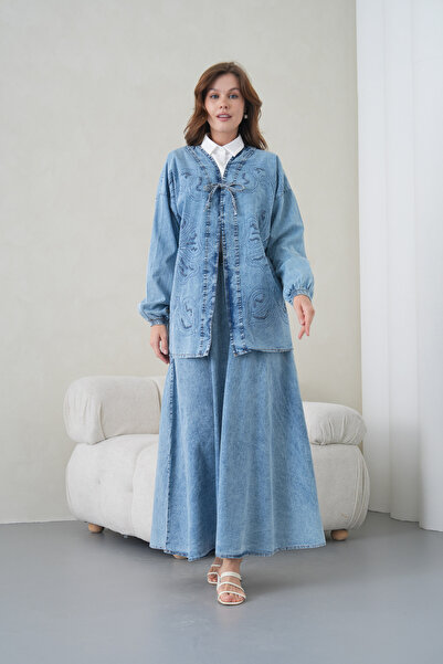 Miss Allos Women's Yakası Tie-Detail Wide Fit Long Denim Kimono with Bead Emb...