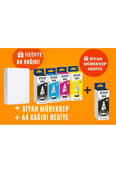 EPSON T664 L3050 Orjinal 4 Renk Mürekkep Kartuş Takımı 70ml *4 + 1 Siyah Hedi...