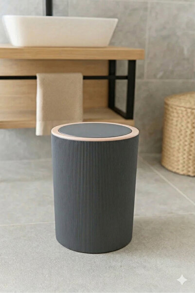 İndecor Houseware Liza Anthracite Gray Striped Round Bathroom Trash Can - Kit...