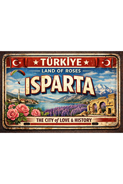 Sav Moda 32 Isparta şehir tablosu, Mdf Ahşap retro vintage plaka görünümlü ta...