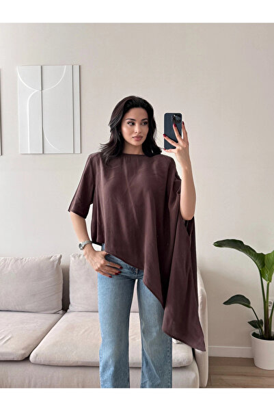 Zoom Butik Oversize Asimetrik Yazlık Panço Bluz - KAHVE