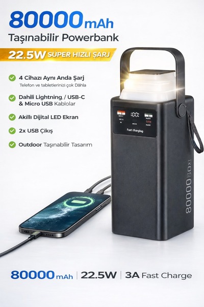 VOOKA 80000 mAh Powerbank 22.5W Hızlı Şarj Fenerli Taşınabilir Şarj Aleti Dah...