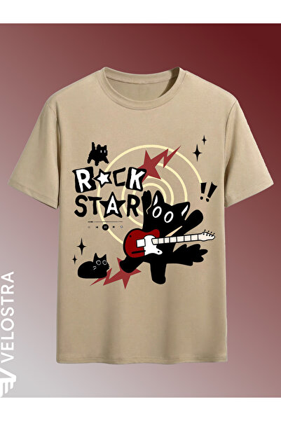 Velostra تي شيرت نسائي للجنسين من Rock Star Cat مطبوع كبير الحجم ومريح للاستخ...
