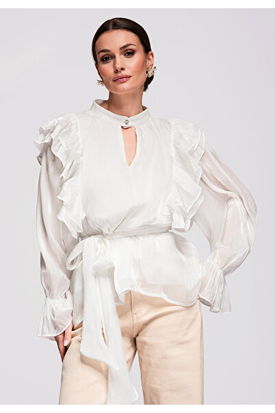 OMBRE Femei Bluză Elegantă OW-TS-E0020 Top Damă Modern Alb