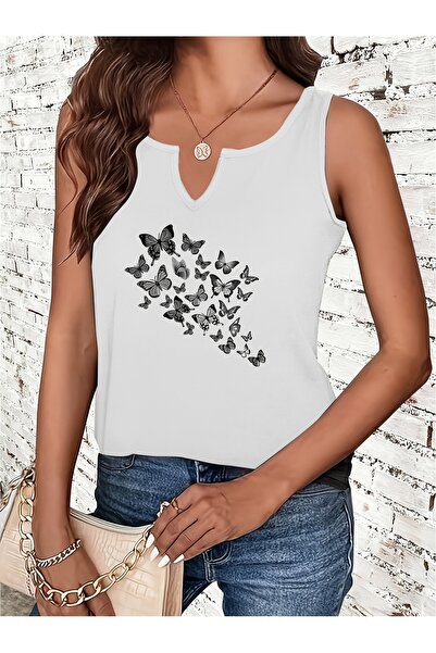 mercoledi Γυναικείο μπλουζάκι Butterfly με τύπωμα με μισό V-λαιμόκοψη, αμάνικ...