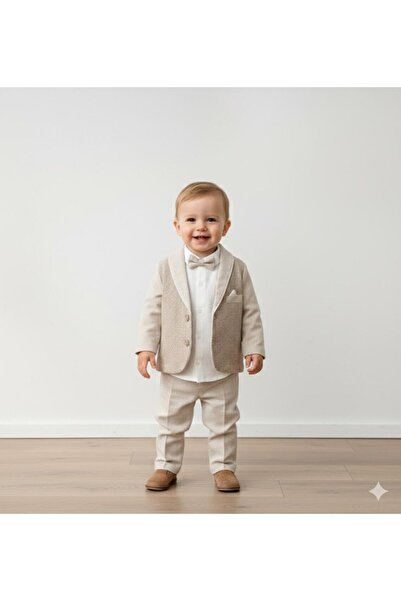 LARENİS Keten Erkek Bebek Takım – Ceket Pantolon Gömlek Papyonlu Şık Kombin
