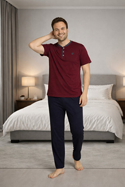 FORMO Men's %100 Natural Cotton Short-Sleeved Buttoned High Quality Pajama Set