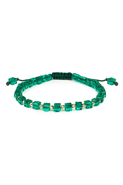 One Gold Bracelet with 10 beads 14K Gold "585" and Emerald Green Cubic Crysta...