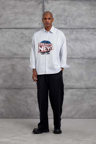 NOMARC Black Striped Shirt with Ten Printed Details Oversized