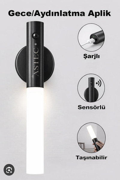 ASTEC Siyah 2 Adet Mıknatıslı Dekoratif Hareket Sensörlü Gece Lambası/El Fene...
