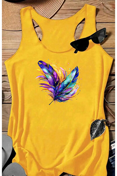 SUNFREE Colorful Feather B Printed Women's Sleeveless Swimmer Athlete Tshirt