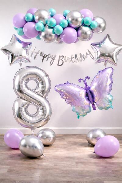 Patladı Gitti Lilac Butterfly Themed 8Th Birthday Balloon Decoration Set – Li...