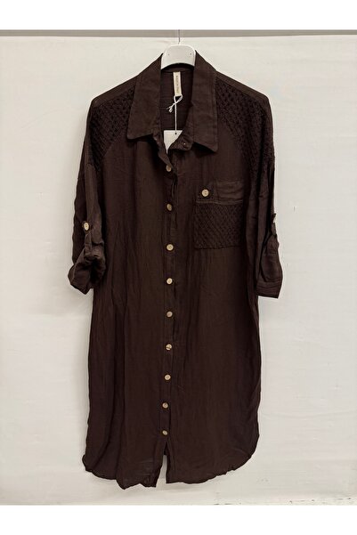 della moor Brown Italian Shoulder Length O Knitted Detail Long g Shirt Dress ...