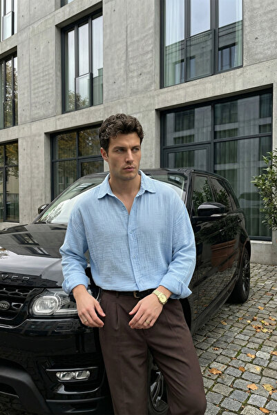 Livio Ferri Yurin Erkek Premium Müslin %100 Pamuk Oversize Uzun Kollu Gömlek