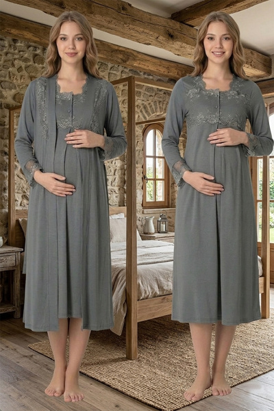 lohusahamile Комплект нощница от памук с дантелена нагръдница за бременни и р...