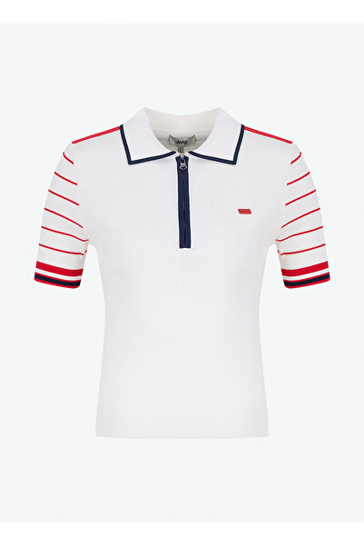 Jeep Polo Yaka Normal Çizgili Kırık Beyaz Kazak Kadın J5SL-KZK7877