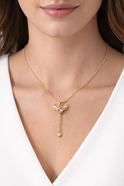 mirvia Paslanmaz Çelik Kanat Detaylı Kalp Kolye Hareketli Kanatlı Zirkon Taşl...