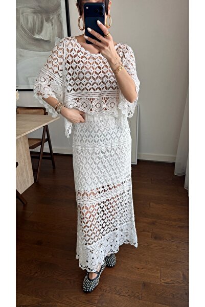 BRTC design Women's Ecru Full Lace Embroidered Flared Skirt