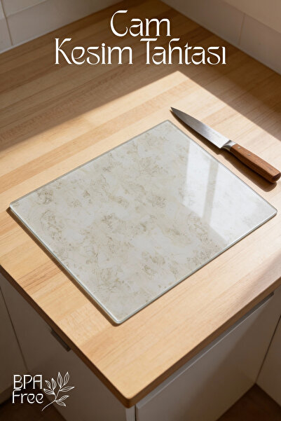 GİNZAMAİSON Nora Model İnce Mermer Desenli Cam Kesim Tahtası - 25x35cm - Daya...