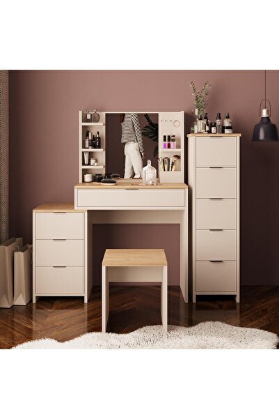 Bimossa U3060 İzabel Makyaj Masası Takımı Sepet-Kumtaşı – Aynalı, 3 Çekmeceli...