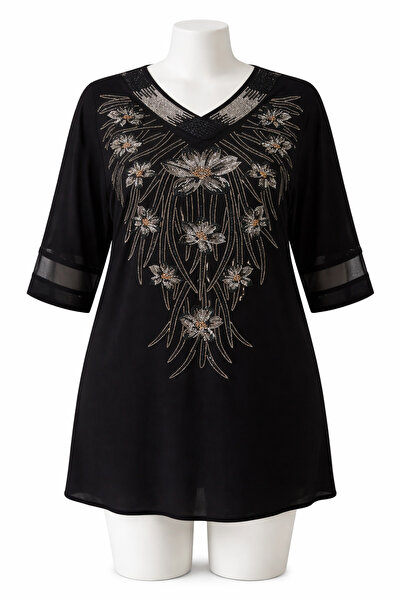 SOSA Plus Size Bronze Stone Embroidered Luxury Mother Combed Cotton 3/4 Sleeve