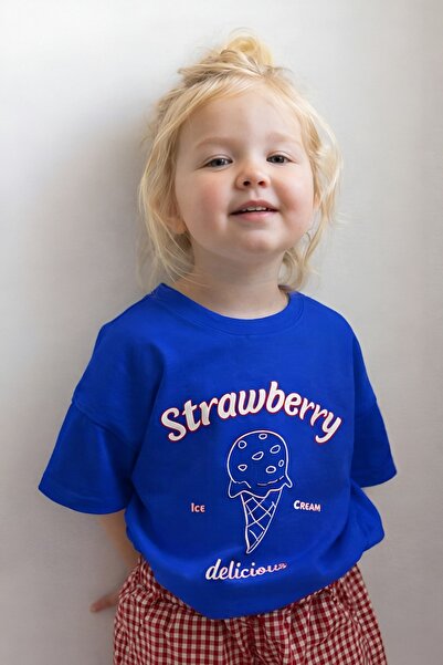 E-ROMA Strawberry Ice Cream Printed Oversized Unisex Children's T-Shirt 1Gh6