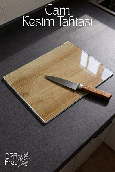 GİNZAMAİSON Ahşap Desenli Cam Kesme Tahtası - 25x35cm - Dayanıklı ve Pratik K...
