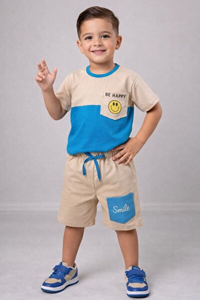 Sincap Baby طقم شورت للأولاد مكون من قطعتين C بجيوب مع تفاصيل إيموجي