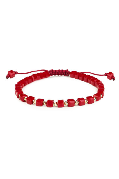 One Gold Bracelet with 10 beads 14K Gold "585" and cubic burgundy crystals, a...