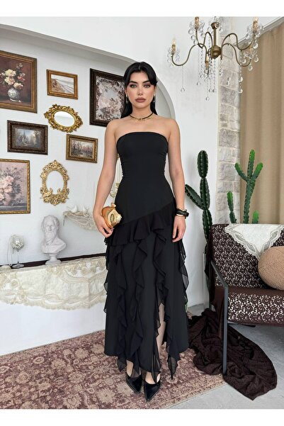 Ayzde Fashion Straplez Şifon Uzun Elbise