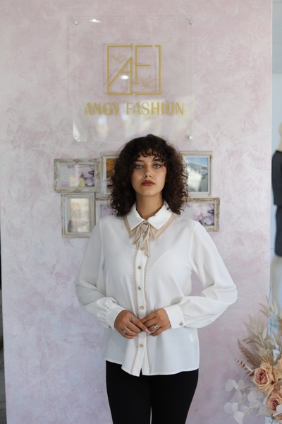 Angy Fashion "Romantic Pearl" Blouse with Lace Details and a Ribbon...