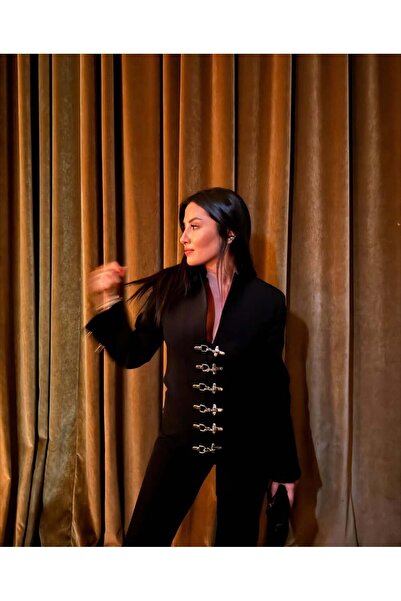 HARMONY GLOBAL Women's Black Two-Piece Suit Gold t Buckled Blazer Jacket Narr...