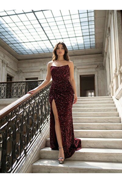 OLA Glam Straplez Full Payetli Yırtmaçlı Abiye Elbise